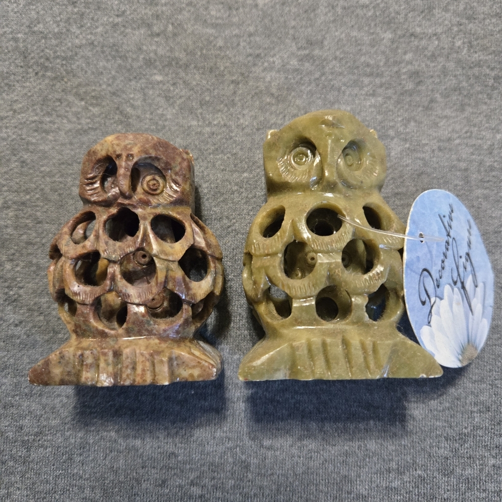 Lot Of 2 Handcrafted Soapstone Carved Mother Owl With Baby Inside Figurine India